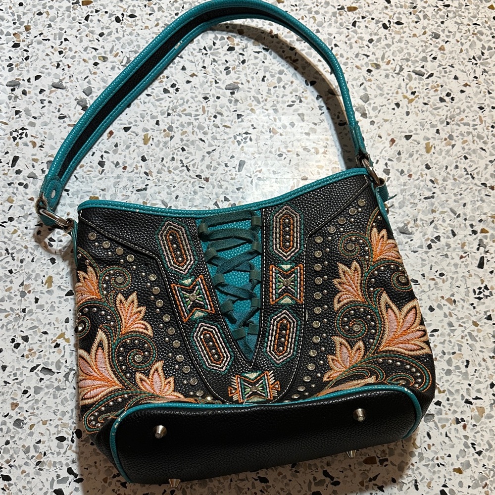 Montana West Embroidered Black and Teal Handbag conceal carry